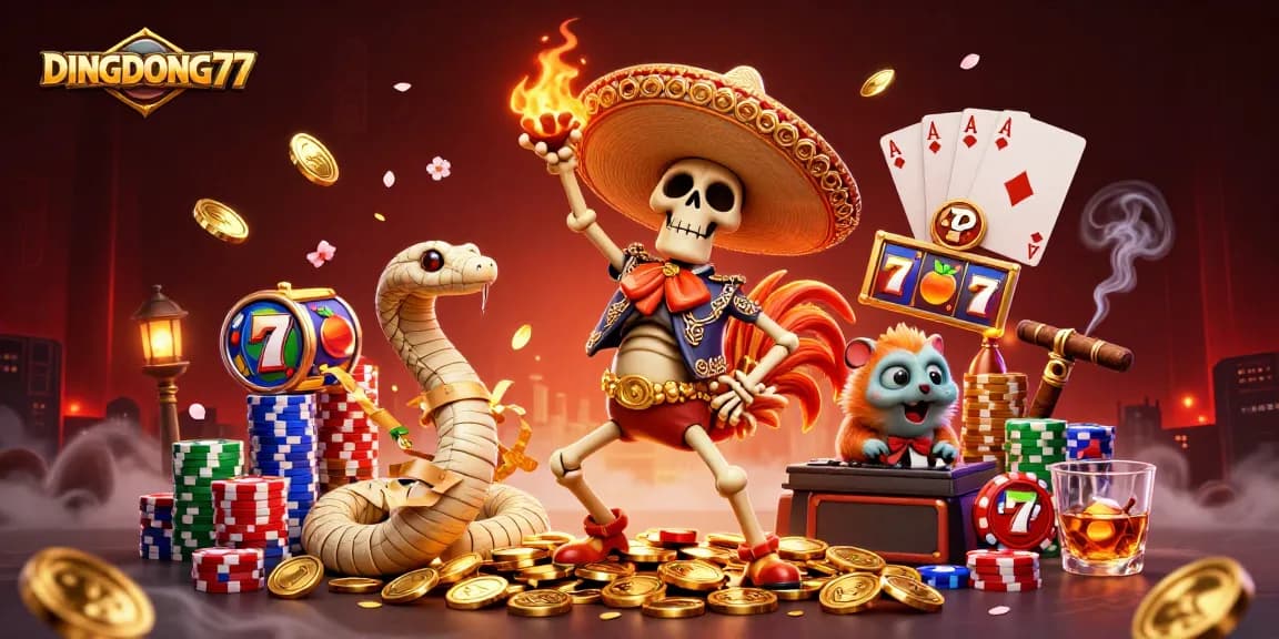 DINGDONG77 showcases a fiesta of thrilling slots with a cartoon mariachi rooster, a mummy snake, and a DJ hamster