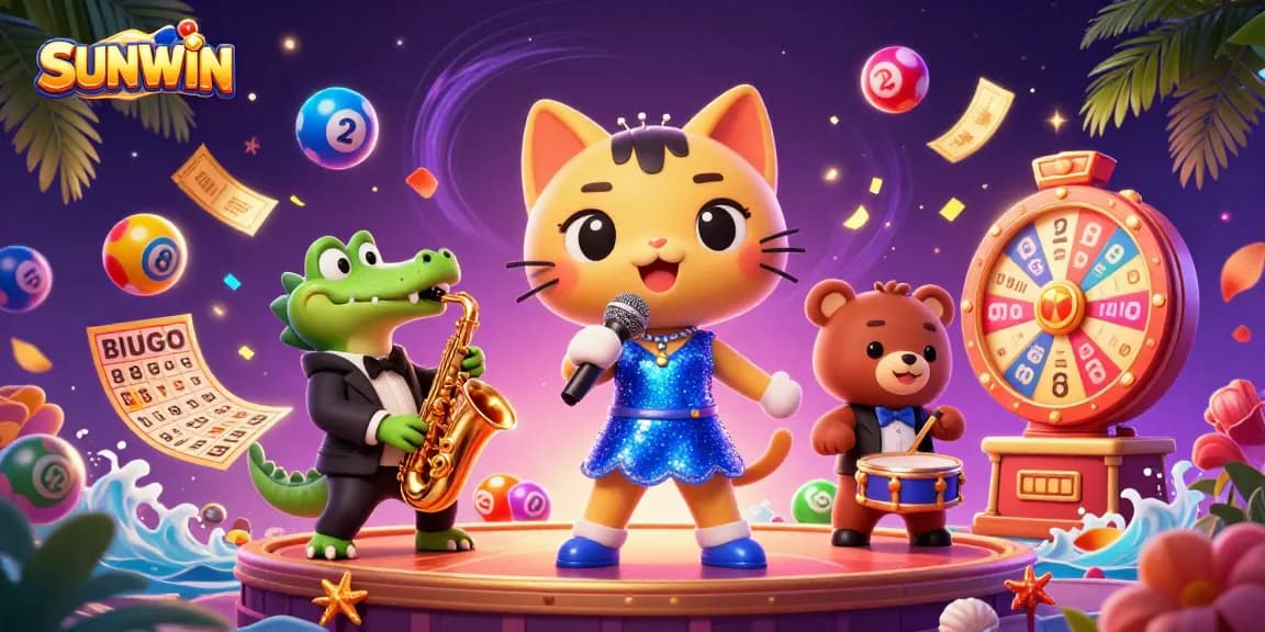SUNWIN captivates with a vibrant lottery scene featuring a jazz-singer cat and playful characters, showcasing excitement.