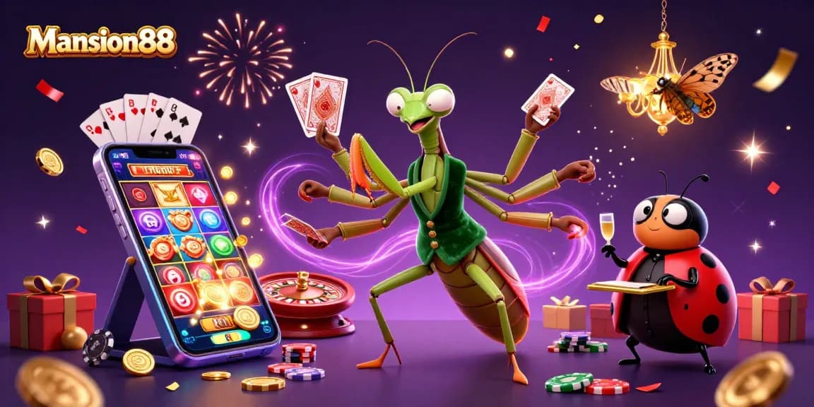 Mansion88's dynamic casino scene with a giant praying mantis card sharp, ladybug pit boss, and vibrant slot game elements.
