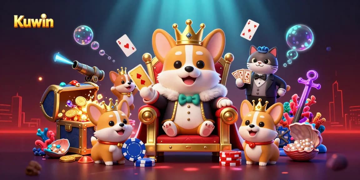 Kuwin offers vibrant gaming action in a 3D underwater casino scene filled with royal corgis and treasures.