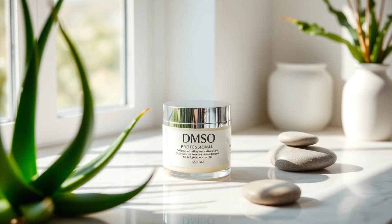 Apply DMSO cream in a calming skincare setting with aloe vera and natural elements.
