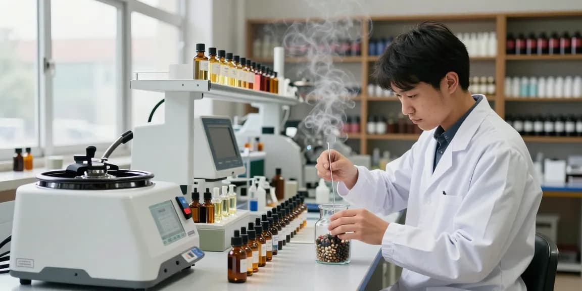 Fragrance Beads Manufacturer mixing essential oils in a modern lab for air diffusion.