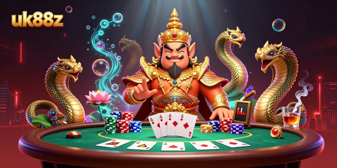 Engage with uk88z's thrilling poker world featuring a charismatic yaksha guardian and vibrant casino elements.