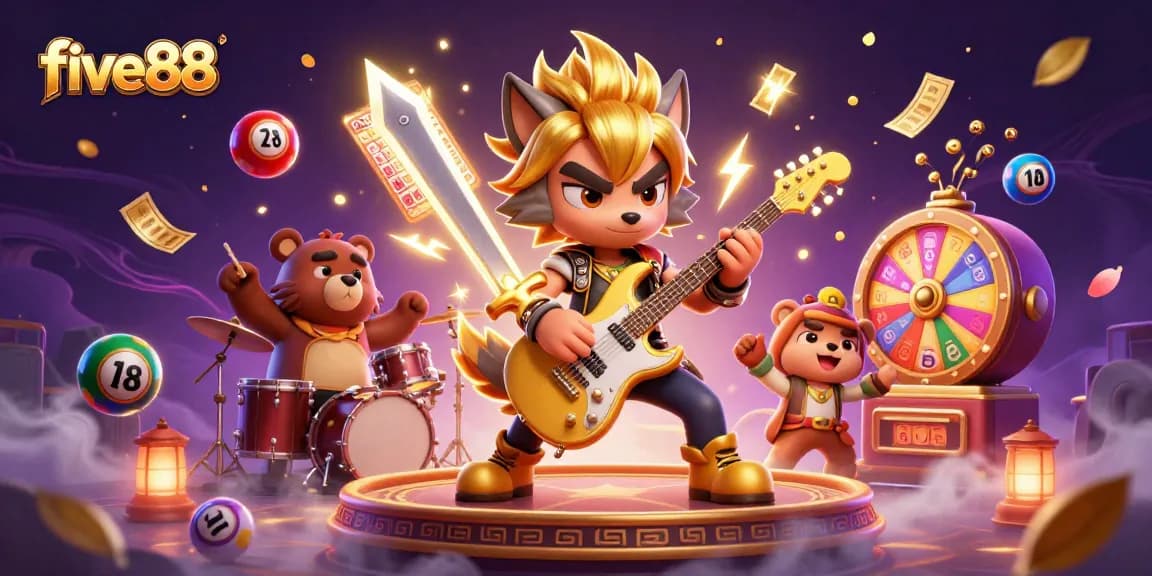 Experience the excitement of five88 with a vibrant casino illustration showcasing energetic characters and gambling elements.