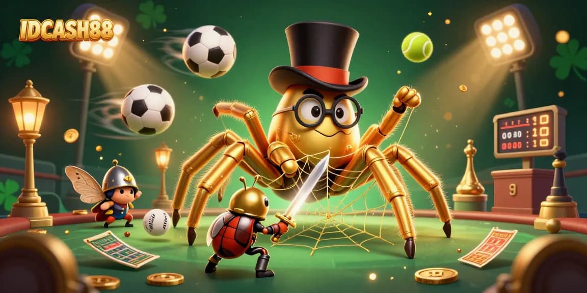 Engage with IDCASH88 in this vibrant casino scene featuring a golden tarantula and beetle knight.