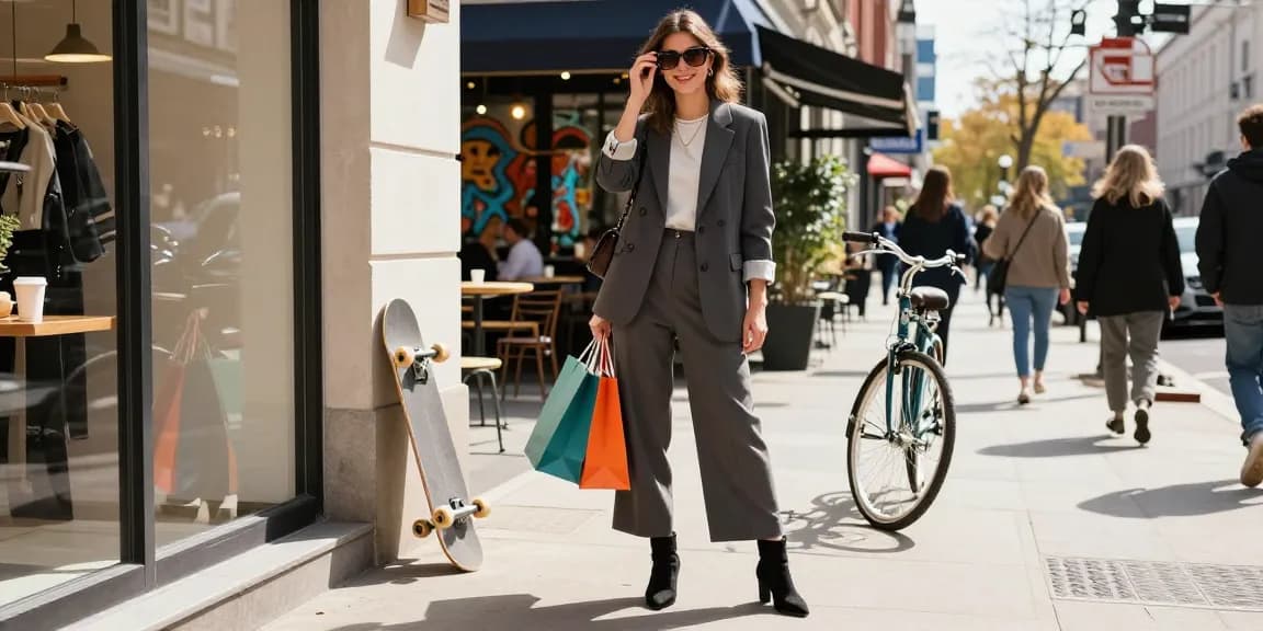 Stylish woman cheered by un consulente d'immagine, con occhiali e shopping bags in una vivace atmosfera urbana.