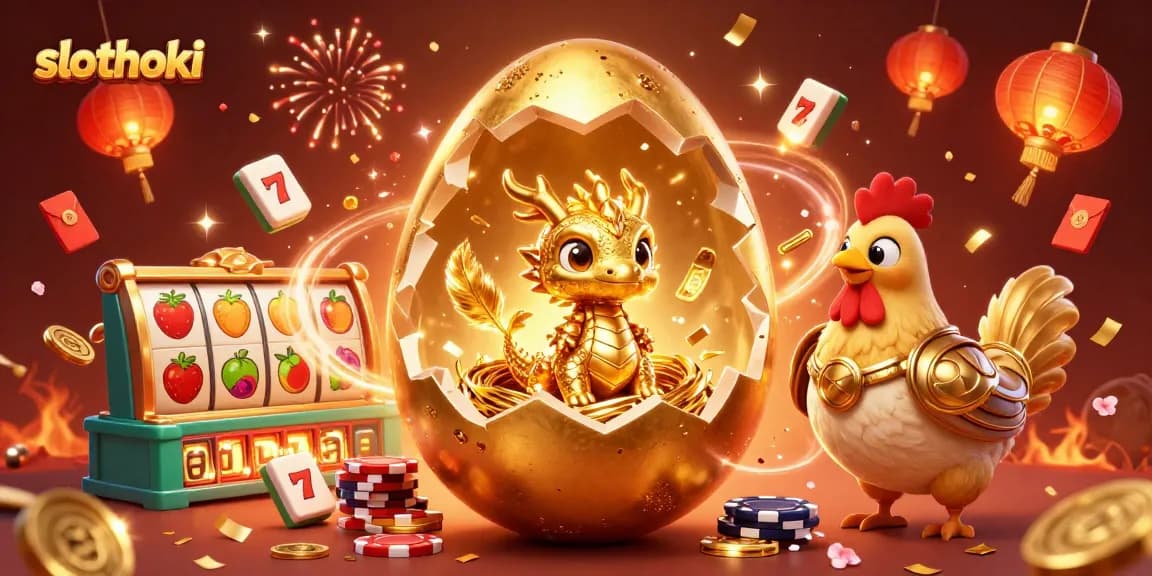 Slothoki hadir dengan ilustrasi 3D menakjubkan, menampilkan naga emas dan simbol slot yang ceria.