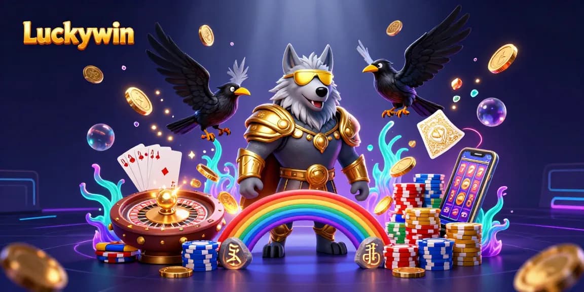 Spin and win at Luckywin with a 3D illustration of Odin and ravens amidst casino excitement.