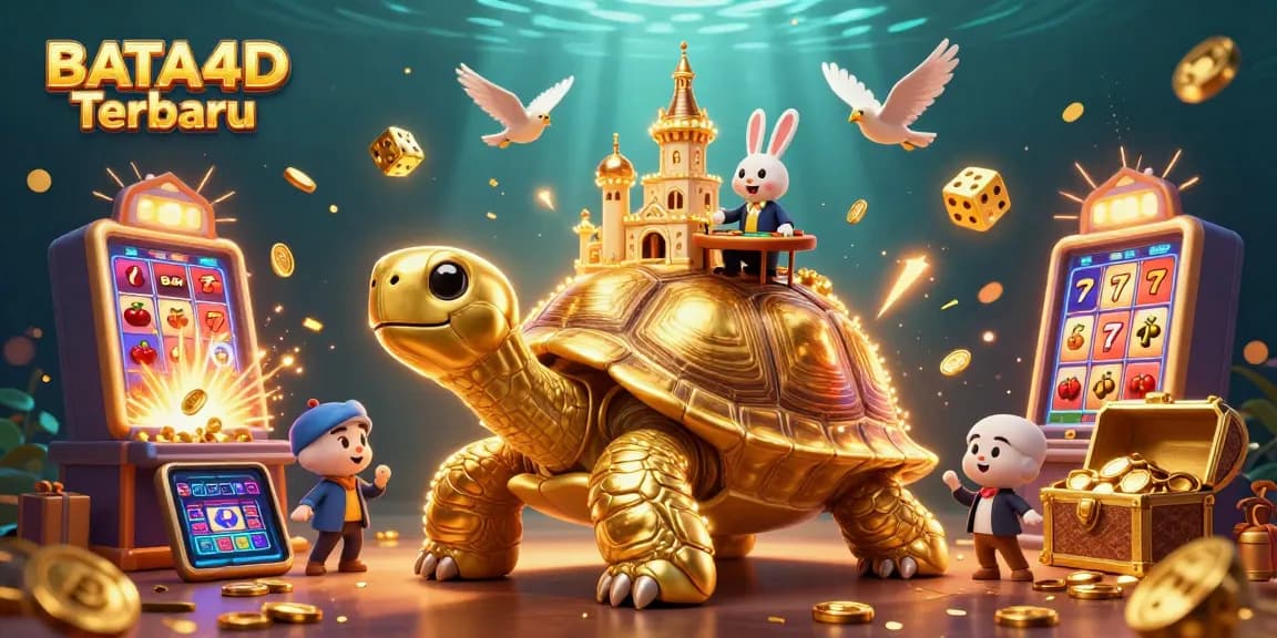 BATA4D Terbaru showcases a vibrant 3D casino scene with animated characters and a jackpot explosion.