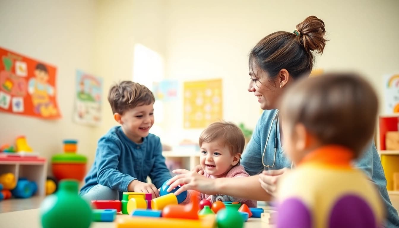 Engaging scene of Autism Therapy with a therapist and child in a colorful, nurturing environment.