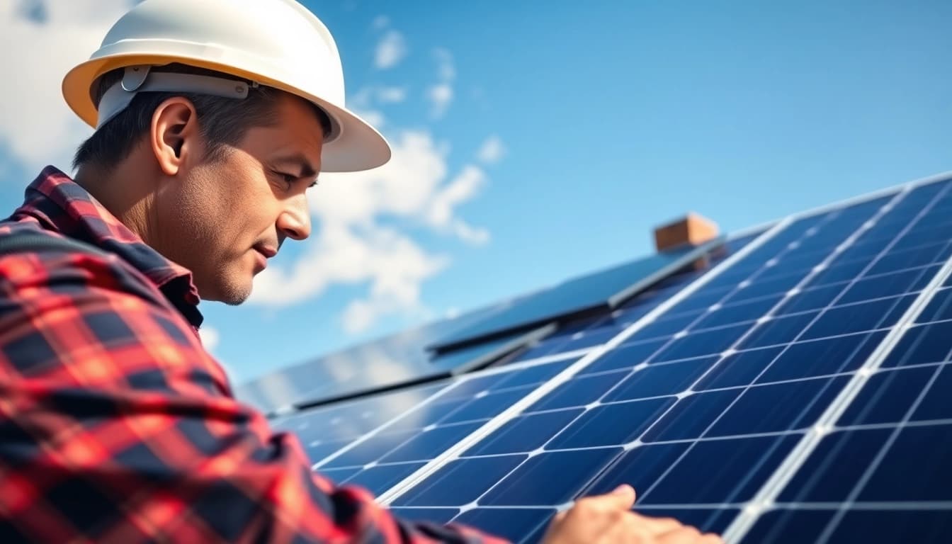 Providing essential solar maintenance New Jersey with a technician inspecting solar panels on a roof.