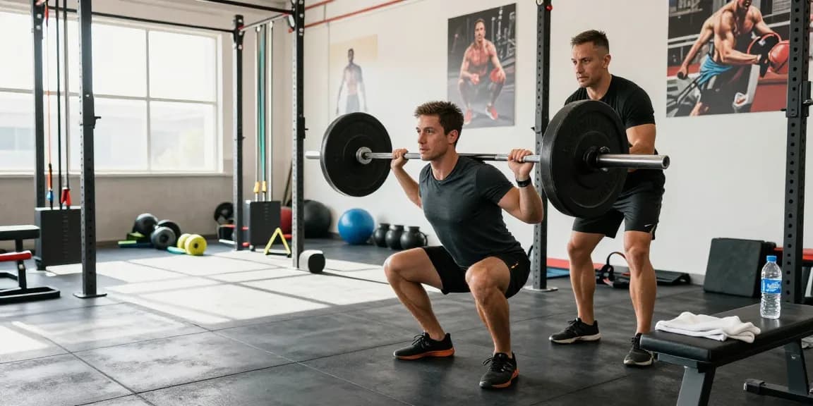 Medi Pharma Steroids athlete squatting in a vibrant gym surrounded by weights and trainers.