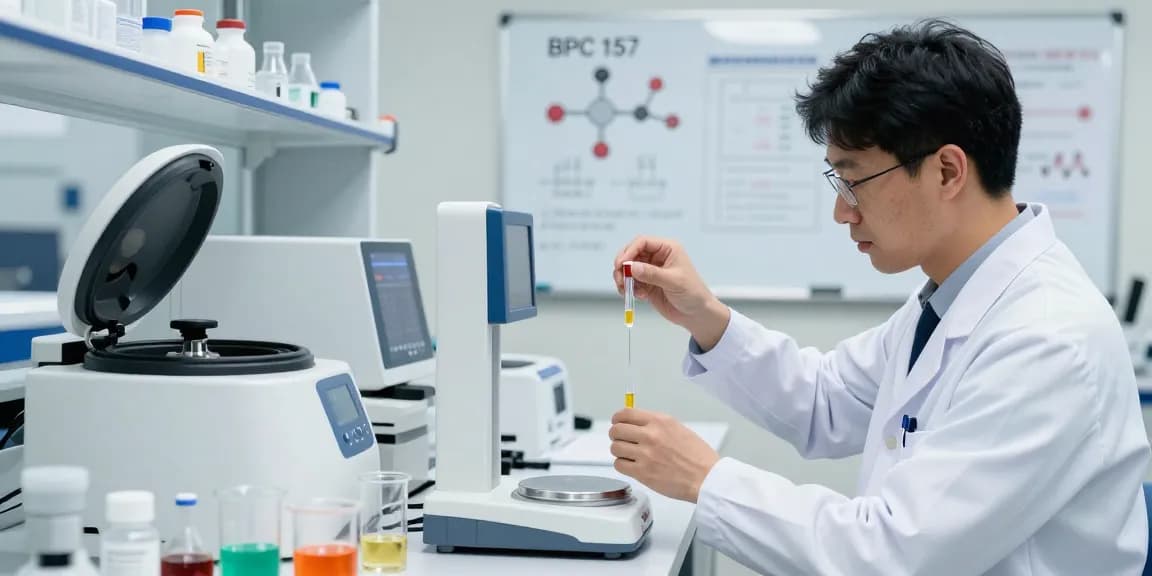 BPC 157 Benefits demonstrated in a modern lab with scientists innovating peptide research.