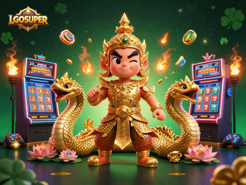 Experience thrilling slots at LGOSUPER with our vibrant, action-packed gaming illustration.