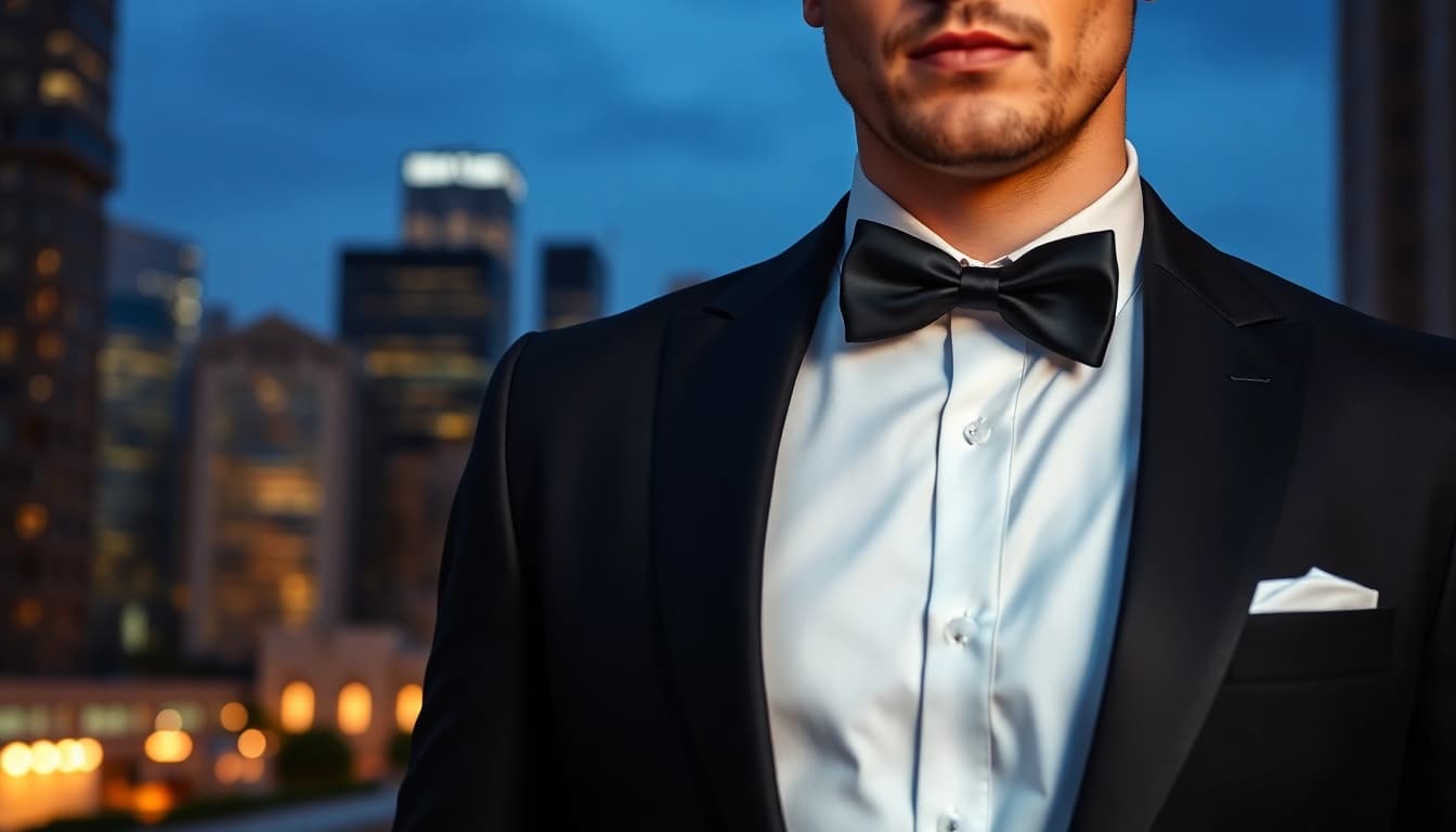 Man demonstrating impeccable style in men's black formal attire at a sophisticated urban setting.