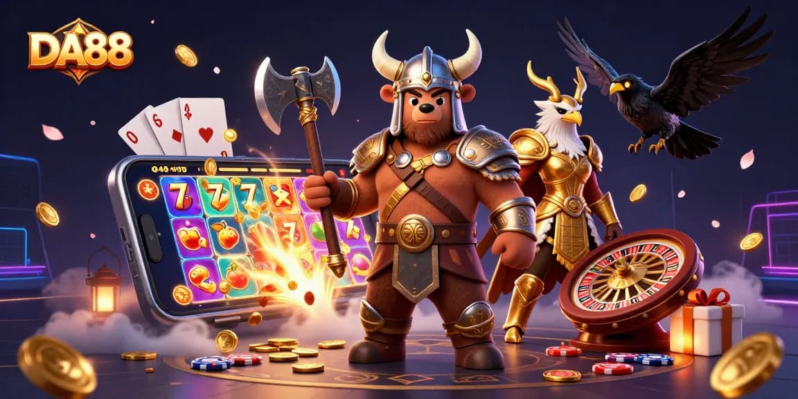 Engage with DA88's vibrant slot game adventure featuring dynamic characters and rich casino elements.