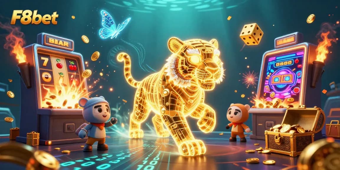 Experience F8bet's exciting world with golden tiger and dynamic casino elements.