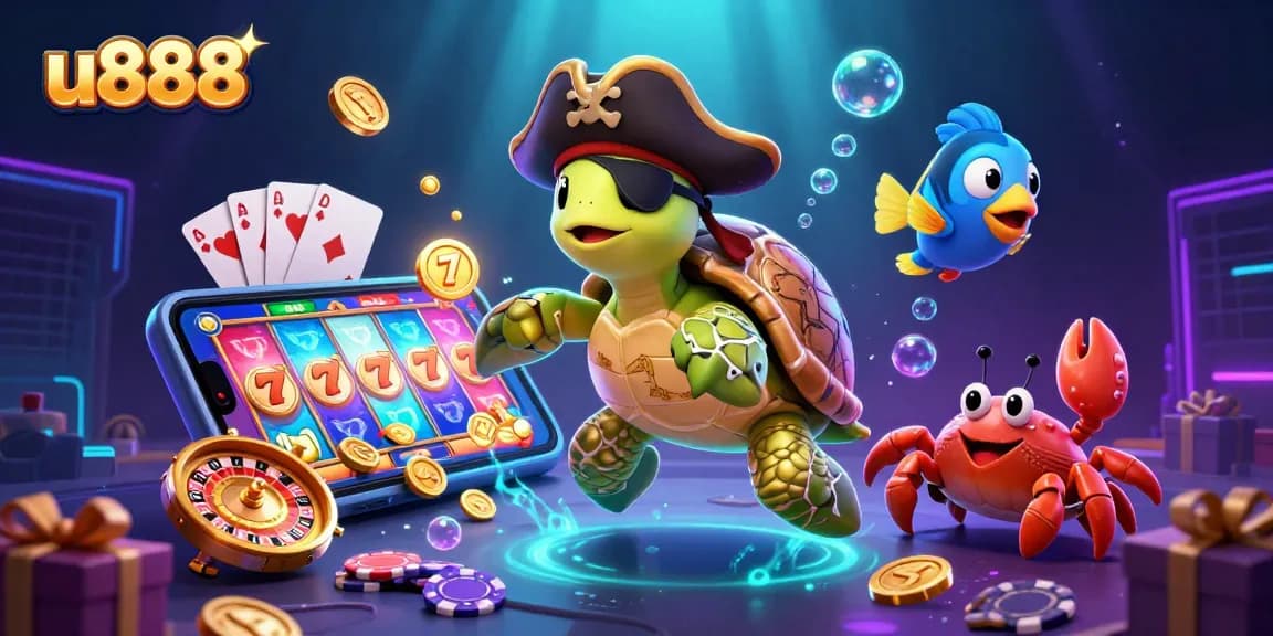Experience thrilling action at u888 with vibrant games and treasures illustrated by dynamic casino-themed characters.