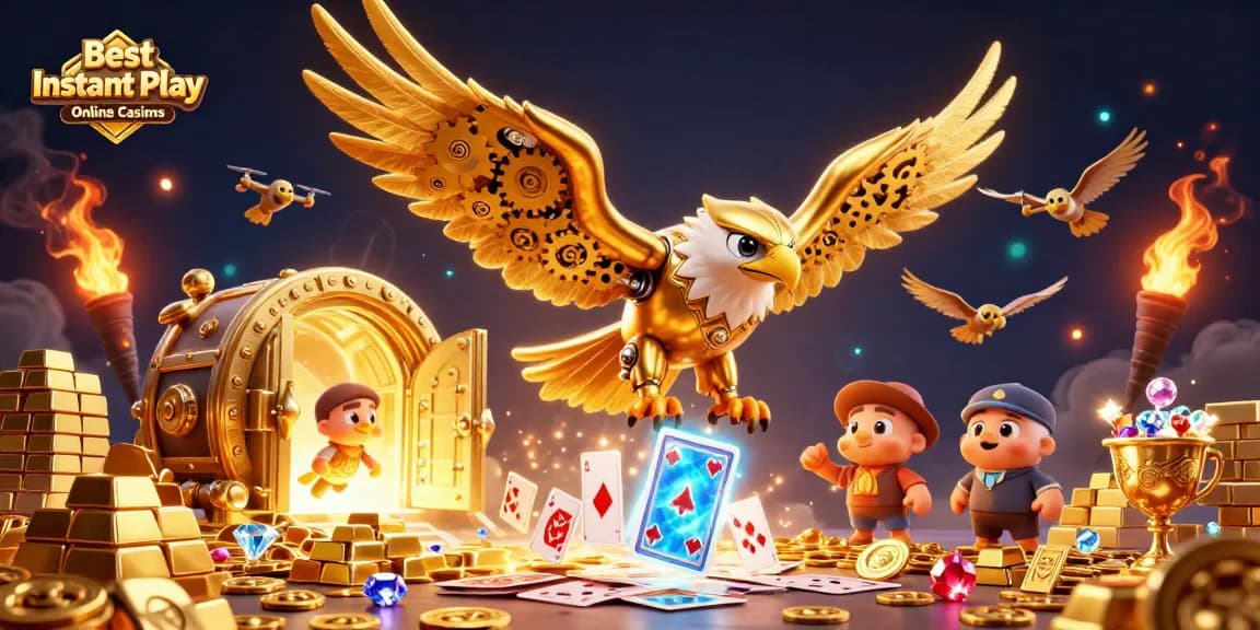 Play at the Best Instant Play Online Casinos featuring a golden eagle amidst a cascade of colorful playing cards.