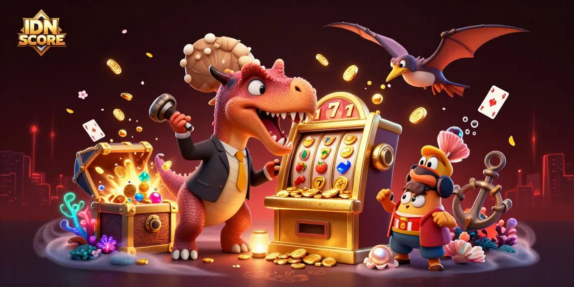 IDNSCORE offers an exciting jackpot scene with dynamic characters and elements in a vibrant casino setting.