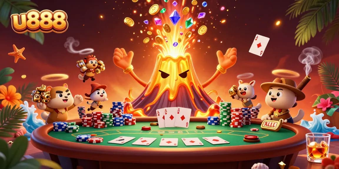 Win big at u888 with a vibrant 3D casino scene featuring animated golden volcano and poker elements.