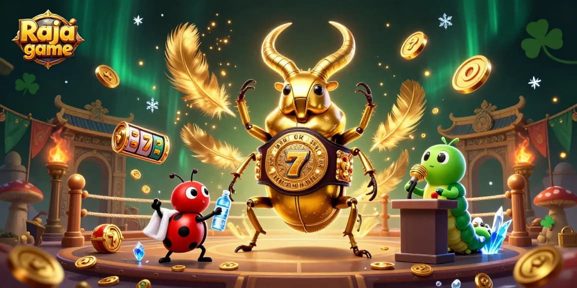 Experience the excitement of Raja game with thrilling golden stag beetles battling in a dynamic casino scene.