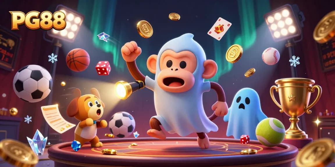 Experience PG88’s thrilling casino environment with a ghost-hunter puppy chasing a poltergeist monkey.
