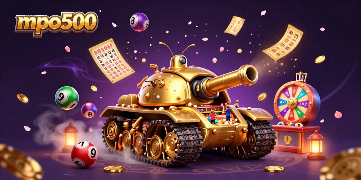 Experience the excitement of mpo500 with a vibrant 3D casino inside a beetle tank, featuring dynamic lottery balls and confetti.