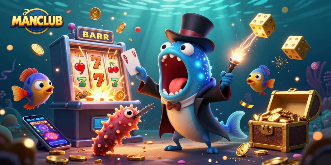 Experience gambling excitement with MANCLUB's vivid underwater casino adventure featuring vibrant characters.