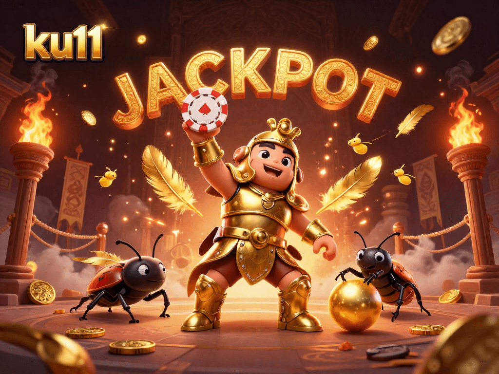 ku11 celebrates victory in a vibrant and engaging casino scene with cartoon characters, poker chips, and dynamic elements.