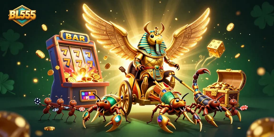Engage in thrilling gaming at BL555, featuring a golden scarab and vibrant slot machine bursts.