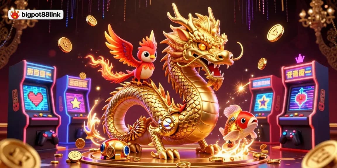 Experience thrilling wins at bigpot88link with a majestic dragon and vibrant casino elements.