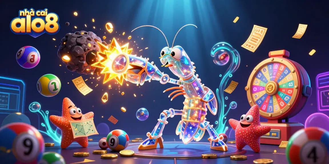 Engaging scene depicting nhà cái alo8 with vibrant lottery balls, a galactic shrimp, and dynamic casino elements.