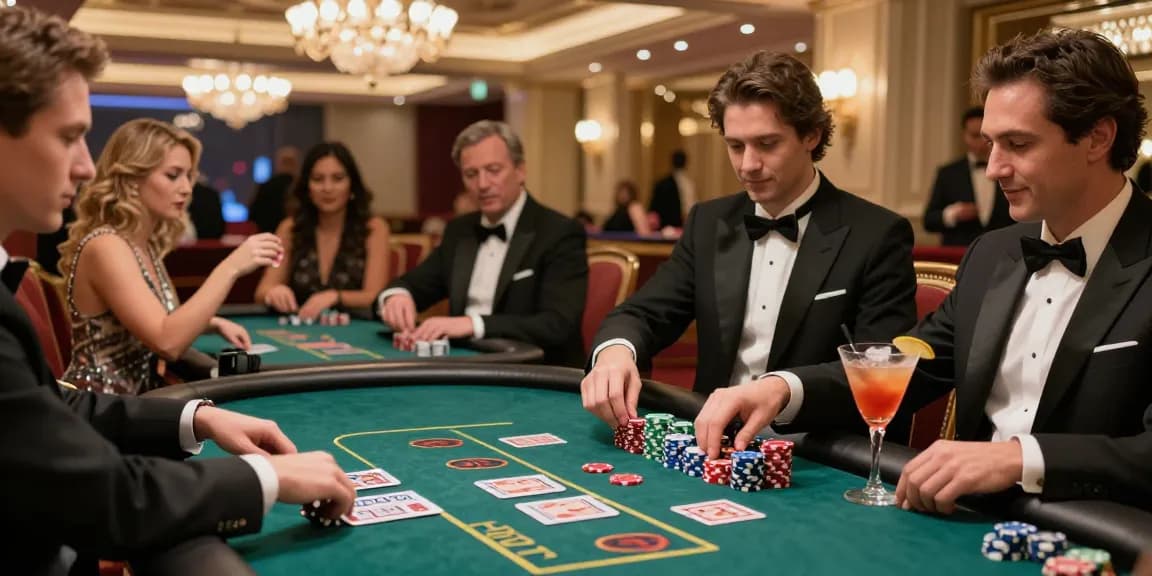 Suasana mewah Situs LUXURY777 dengan pemain judi berkelas di kasino, dikelilingi permainan poker dan roulette.