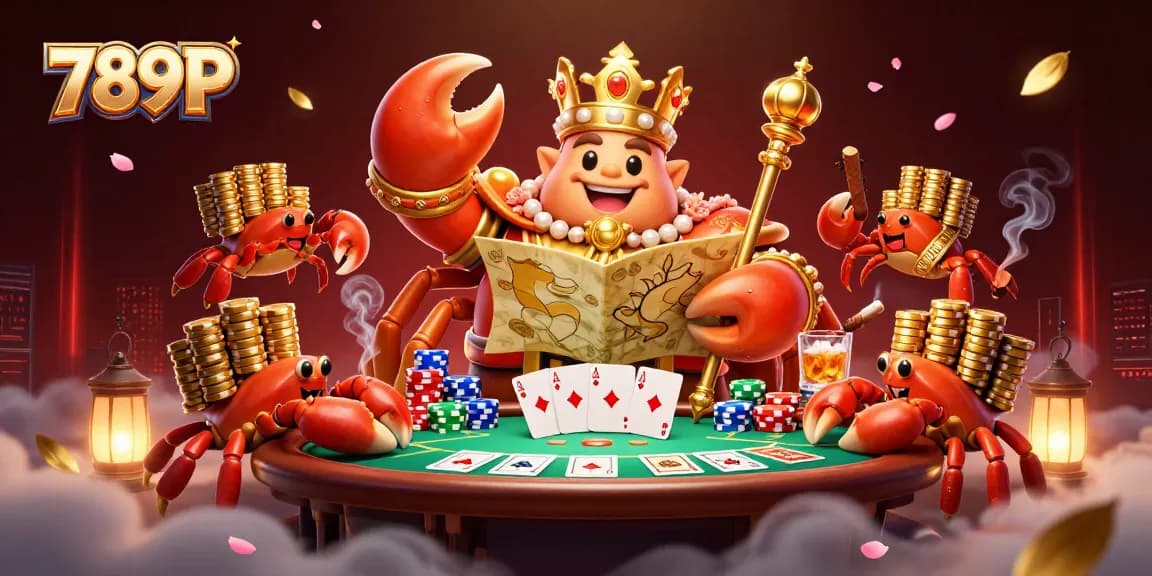 789P's golden crab emperor commands a vibrant casino scene full of poker elements and lavish treasures.