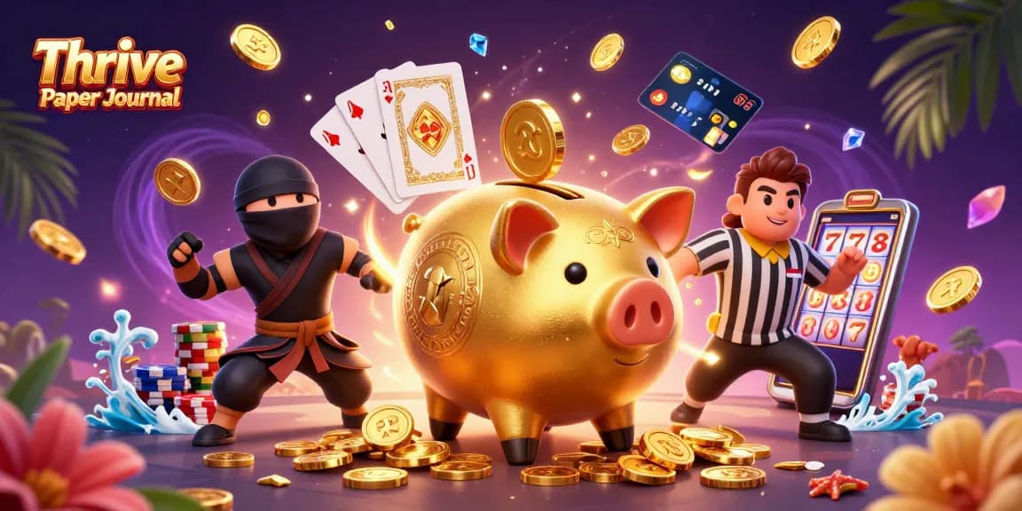 Engaging illustration with Thrive Paper Journal's casino-themed elements showcasing 3D characters and dynamic action.