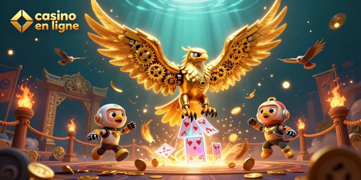 Plongez dans l'univers du casino en ligne avec un aigle cybernétique vibrant, entouré de cartes et de pièces d'or.