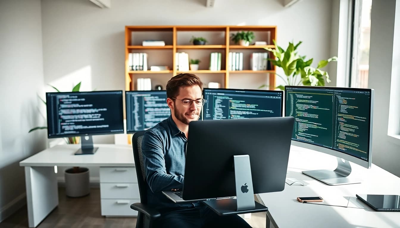 Hire Shopify developer focused on coding in a modern office with multiple screens.