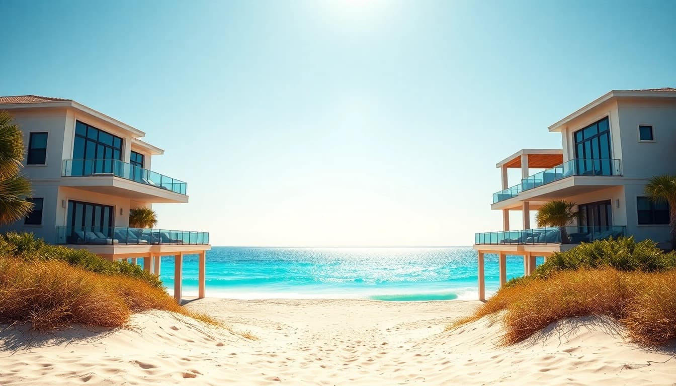 Captivating beachfront homes Pensacola Florida showcasing modern architecture against golden sands and azure waters.