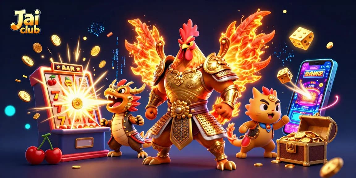Jai club showcases exciting slot games with a 3D cartoon rooster and dragon in a vibrant casino scene.