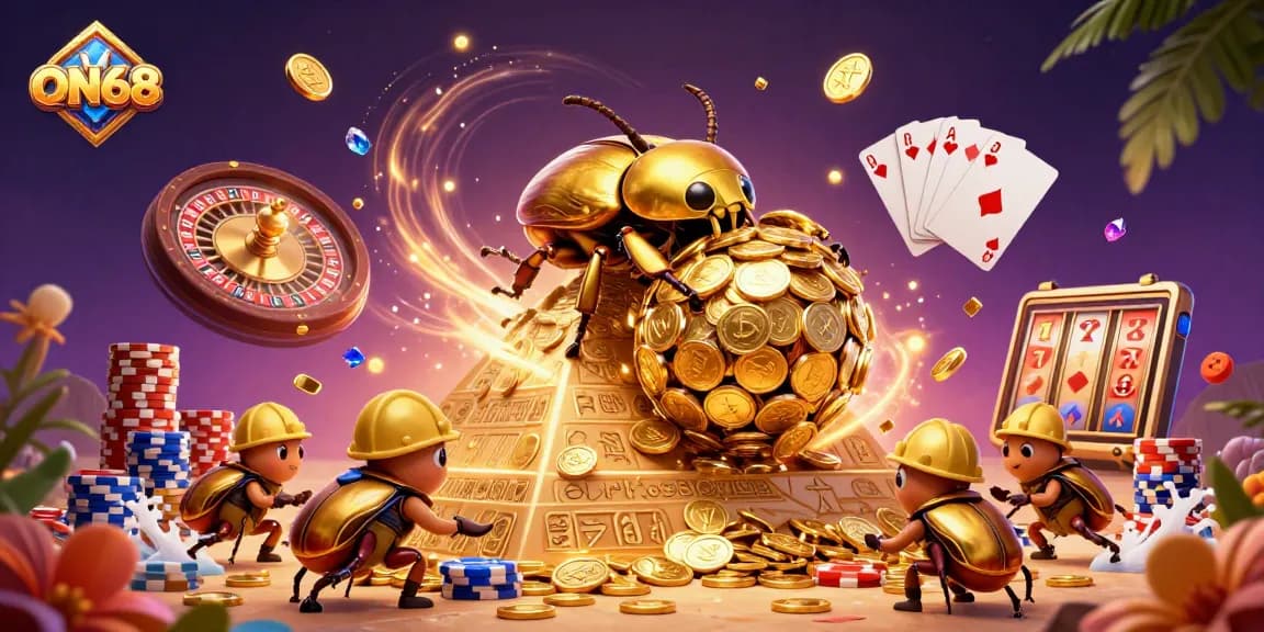 Experience the fun of ON68 with vibrant casino imagery featuring golden coins and animated roulette.