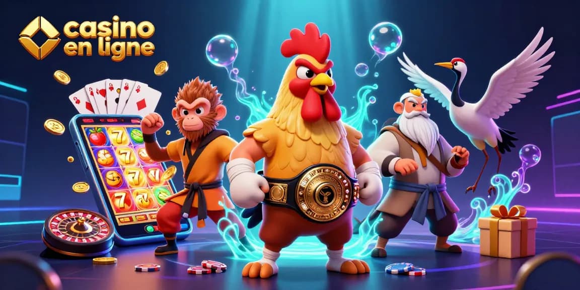 Jouez au casino en ligne avec une illustration 3D colorée présentant des personnages de combats et des éléments de jeu captivants.