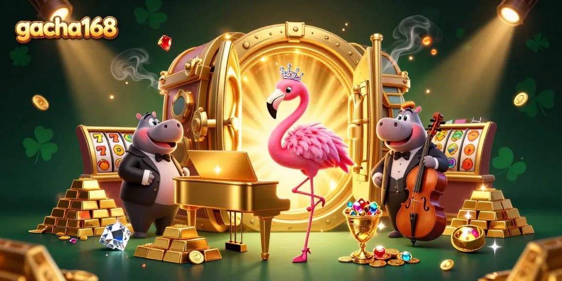 Experience excitement with gacha168's 3D casino scene featuring vibrant characters and slot elements.