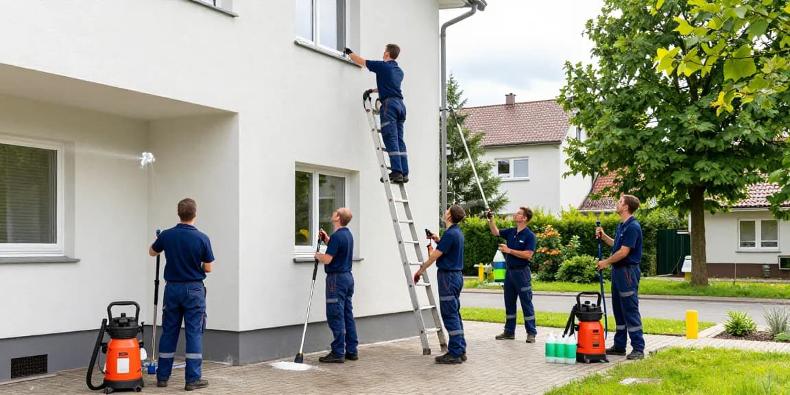 Professionelle Reinigung Blomberg: Team reinigt Fassade mit umweltschonenden Mitteln.