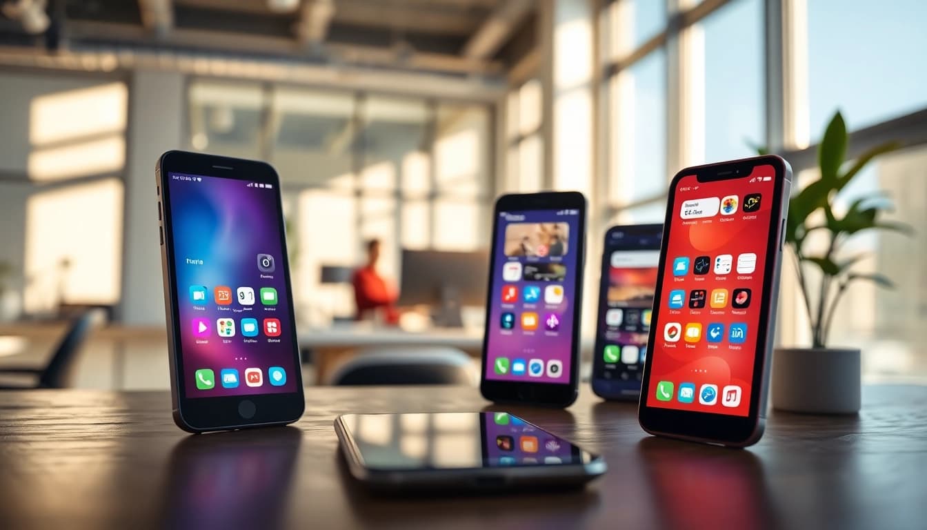 Showcasing top american apps on modern smartphone screens in a bright workspace.