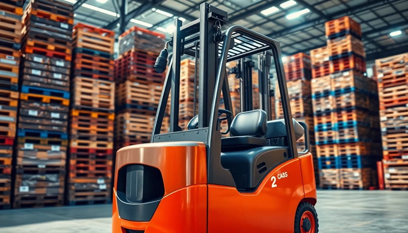 Forklift lifting pallets in a bright industrial setting highlighting efficiency.