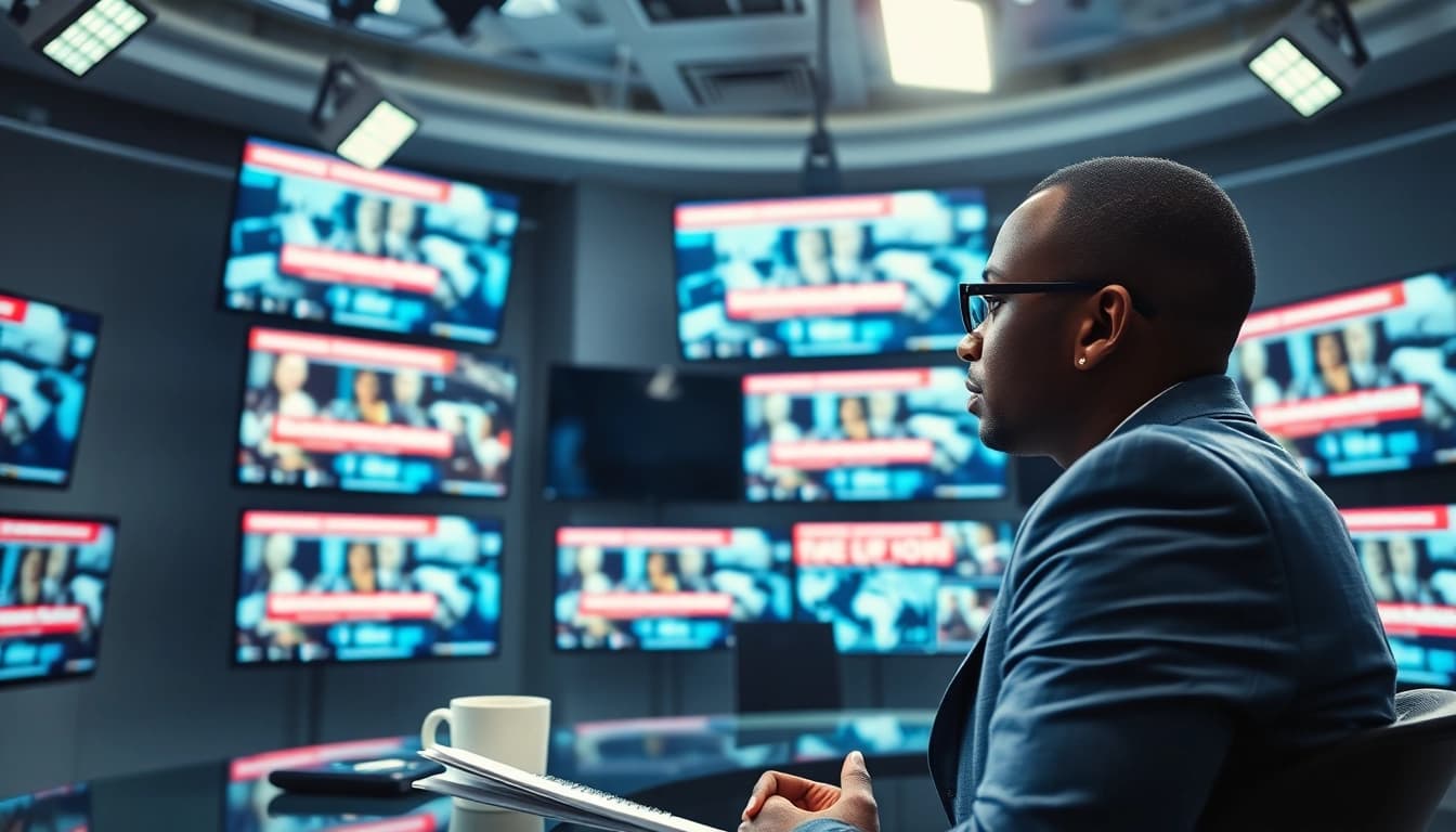 Report on Nigerian Newspaper Headlines in a busy newsroom setting with a focused journalist.