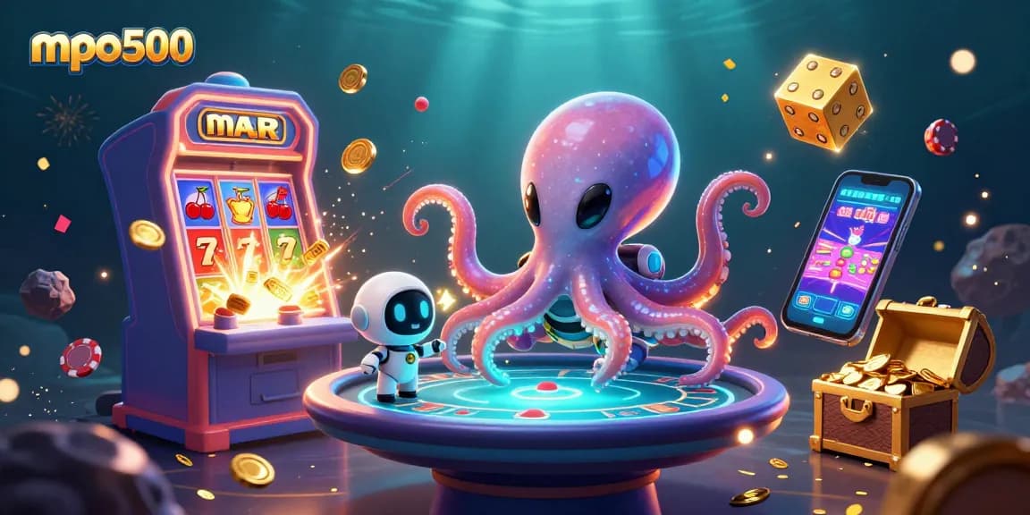 MPO500 showcases a vibrant alien octopus at a holographic poker table, surrounded by jackpot slot elements.