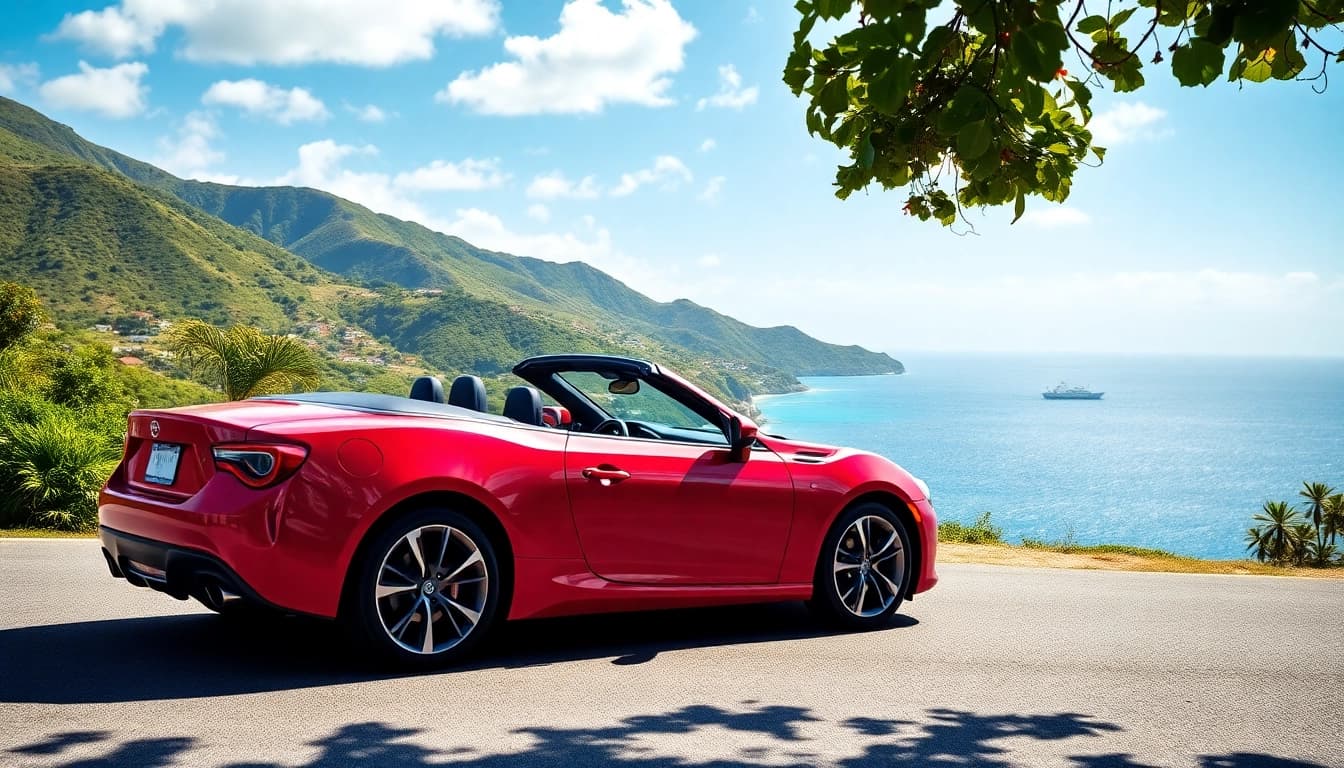 Enjoy a scenic drive with a convertible car rental st barts, showcasing lush landscapes and coastal views.