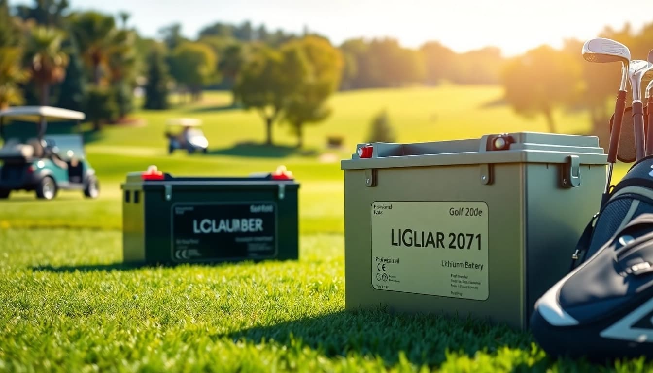Showcase of lithium golf cart batteries in a vibrant golf course setting for optimal performance.